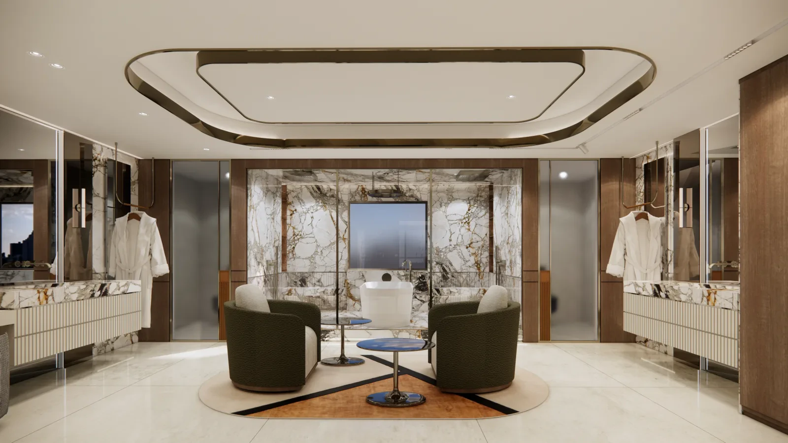 Belladonna Penthouse — dining area with sculptural chandelier