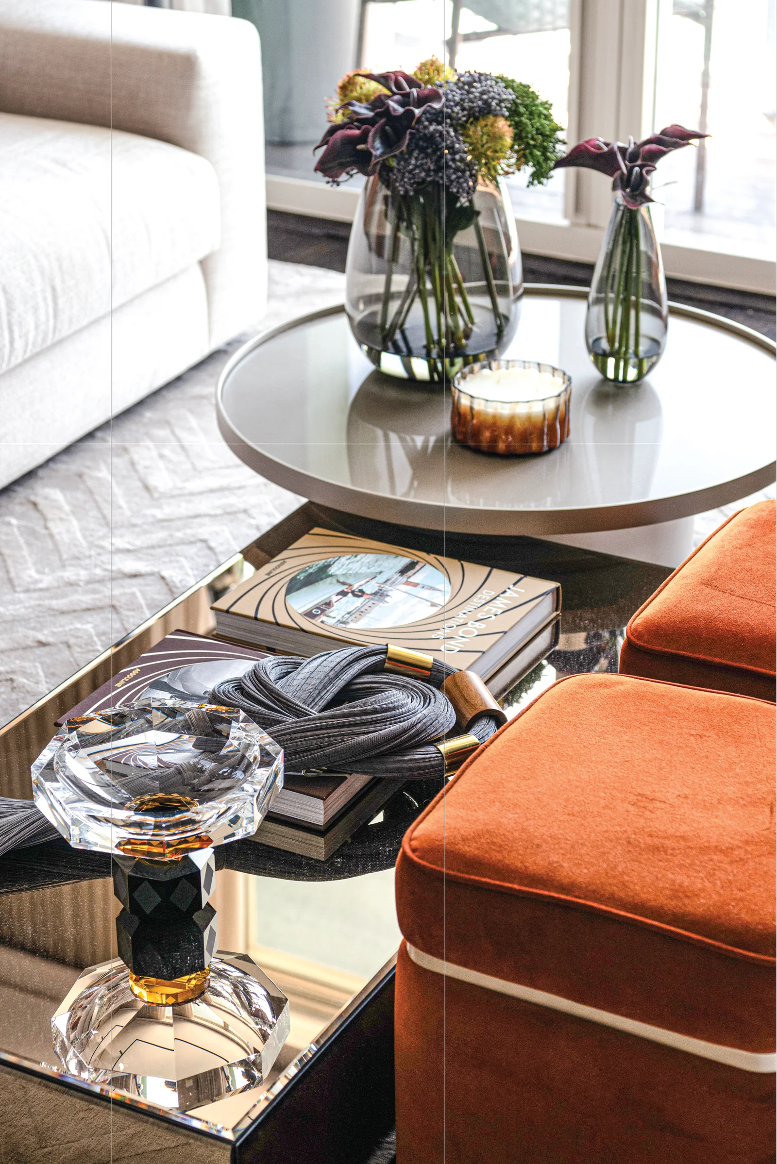 Casa Sienna — Coffee table and burnt orange upholstery detail